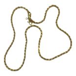 A 9ct yellow gold solid rope twist necklace, 18 inches in length, weighs 12.2 grams, with safety