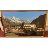 Guay (20th century French), Alpine landscape with holiday chalets in spring, with snow-capped