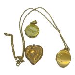 Three various 9ct yellow gold lockets, and a 9ct yellow gold chain, total weight 10.3 grams.