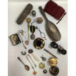 A collection of assorted mixed collectables and silver items including two silver-backed brushes and