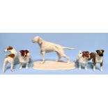 Five Beswick pottery figural dogs including an unpainted, matt Pointer, three Jack Russell