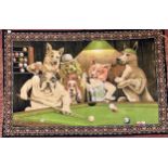 An unframed tapestry depicting dogs playing pool, with tasseled ends, 91 x 144cm