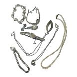Three marcasite cocktail watches, two silver bracelets, two silver pendant and chains, and a