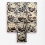 Ten Victorian Minton pottery tiles, each transfer printed with individual Chinoiserie scenes