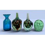 Two Mdina glass vases, of squared form with slender necks and 'marbled coloured glass and air bubble