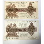 Two Bank of England banknotes, comprising, John Bradbury, £1, One Pound note ‘Bradbury Pound’,