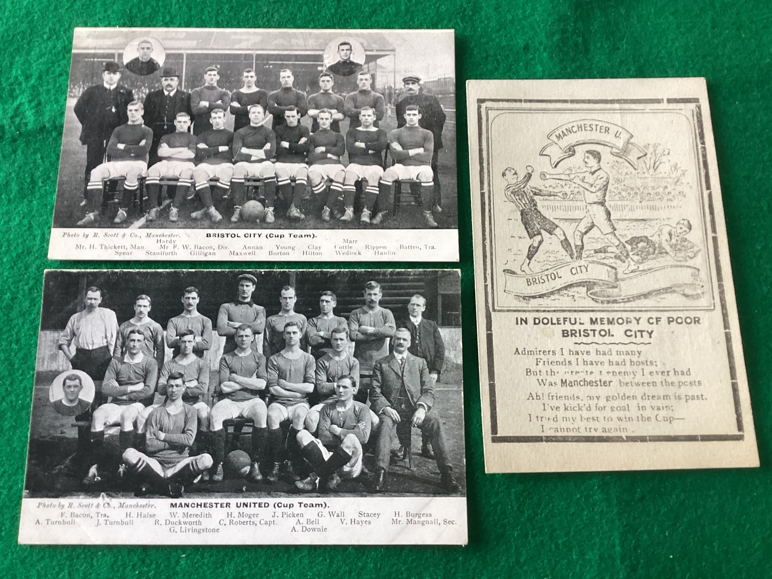 Three printed original postcards to mark Manchester United’s first ever FA Cup triumph – a 1-0