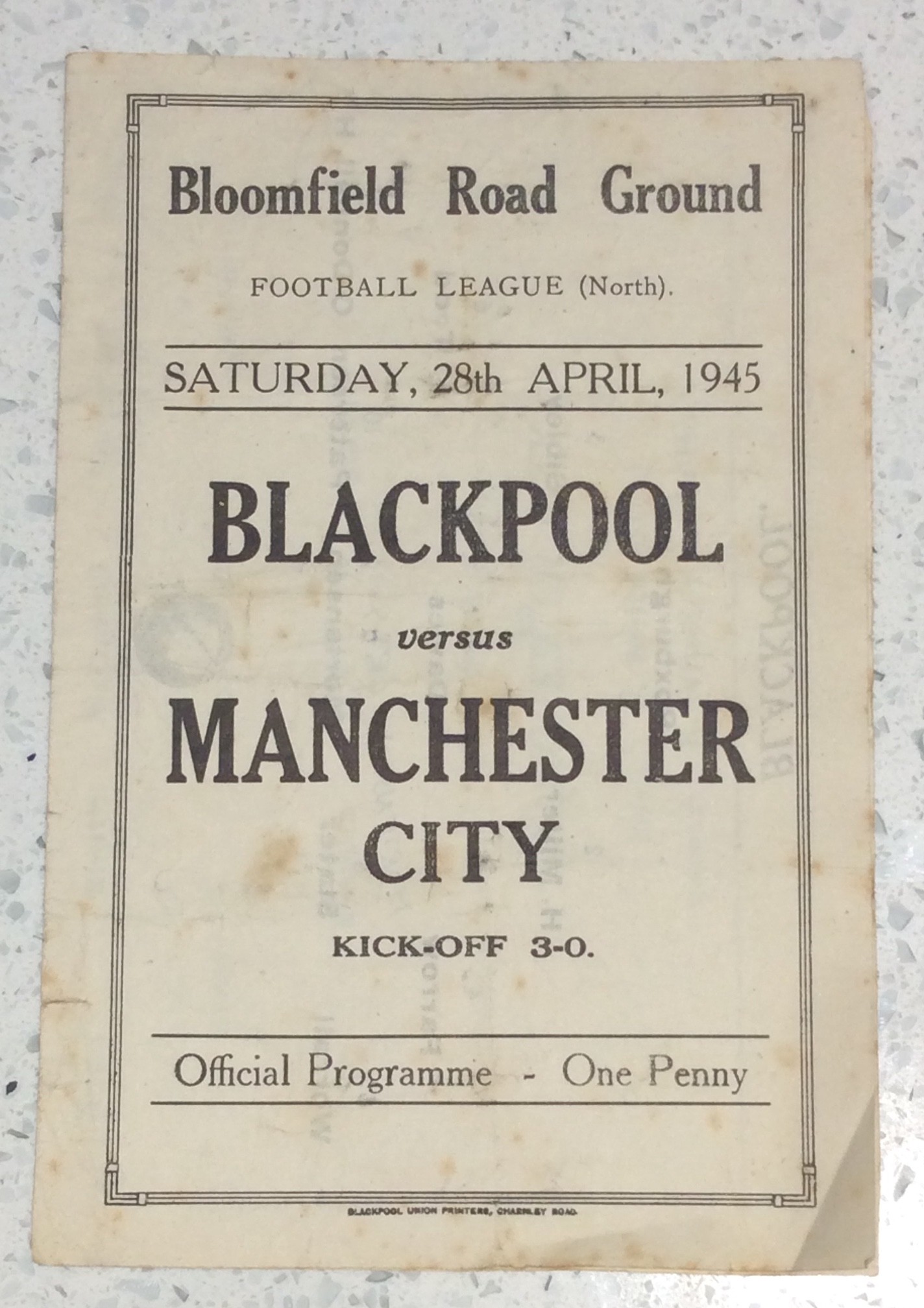 Football Programme: Blackpool v Manchester City, 28th April 1945. Condition, ink team changes, light