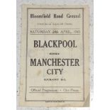 Football Programme: Blackpool v Manchester City, 28th April 1945. Condition, ink team changes, light