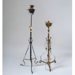 Two various Arts & Crafts style wrought iron oil lamp stand converted to electric, with adjustable