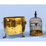 Two brass coal buckets, one with lid, together with a brass birdcage, largest bucket measures 40 x