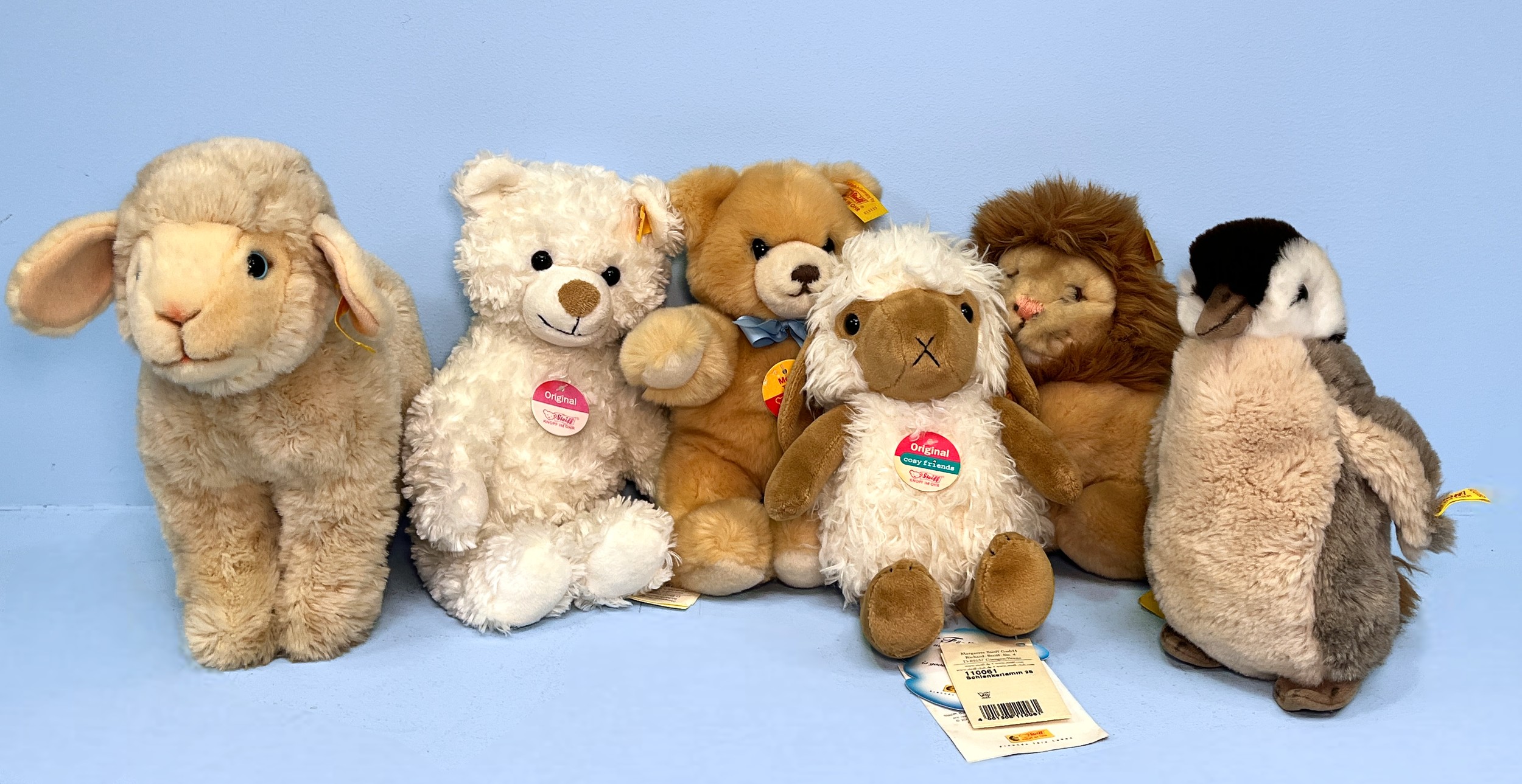 Six assorted Steiff teddy bears modelled as various animals, to include, ‘Lamby Lamb’ 073205, ‘