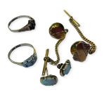 WITHDRAWN: Two 9ct gold dress rings, a pair of 9ct gold and opal earrings, with butterfly backs, and