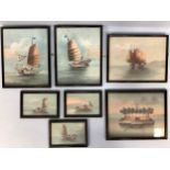 late 19th/early 20th Century Chinese School. Seven Gouache paintings of Junk ships and an island