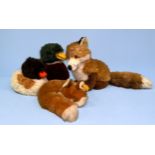 Four various Steiff teddy bears, modelled as foxes and ducks, comprising, ‘Junior Fuzzy Stuffed Fox’