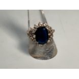 A Sapphire and Diamond cluster ring, 14ct gold shank with open scrollwork, centrally claw-set an