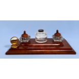 A Burr walnut desk pen stand with two glass inkwells, together with a Victorian slate mantel clock