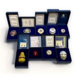 Nine various boxed Halcyon Days enamel trinket pots / pill boxes, including ‘Cherry’, ‘Pear’ (