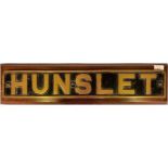 A brass railway locomotive engine plate of rectangular form, the background painted black with