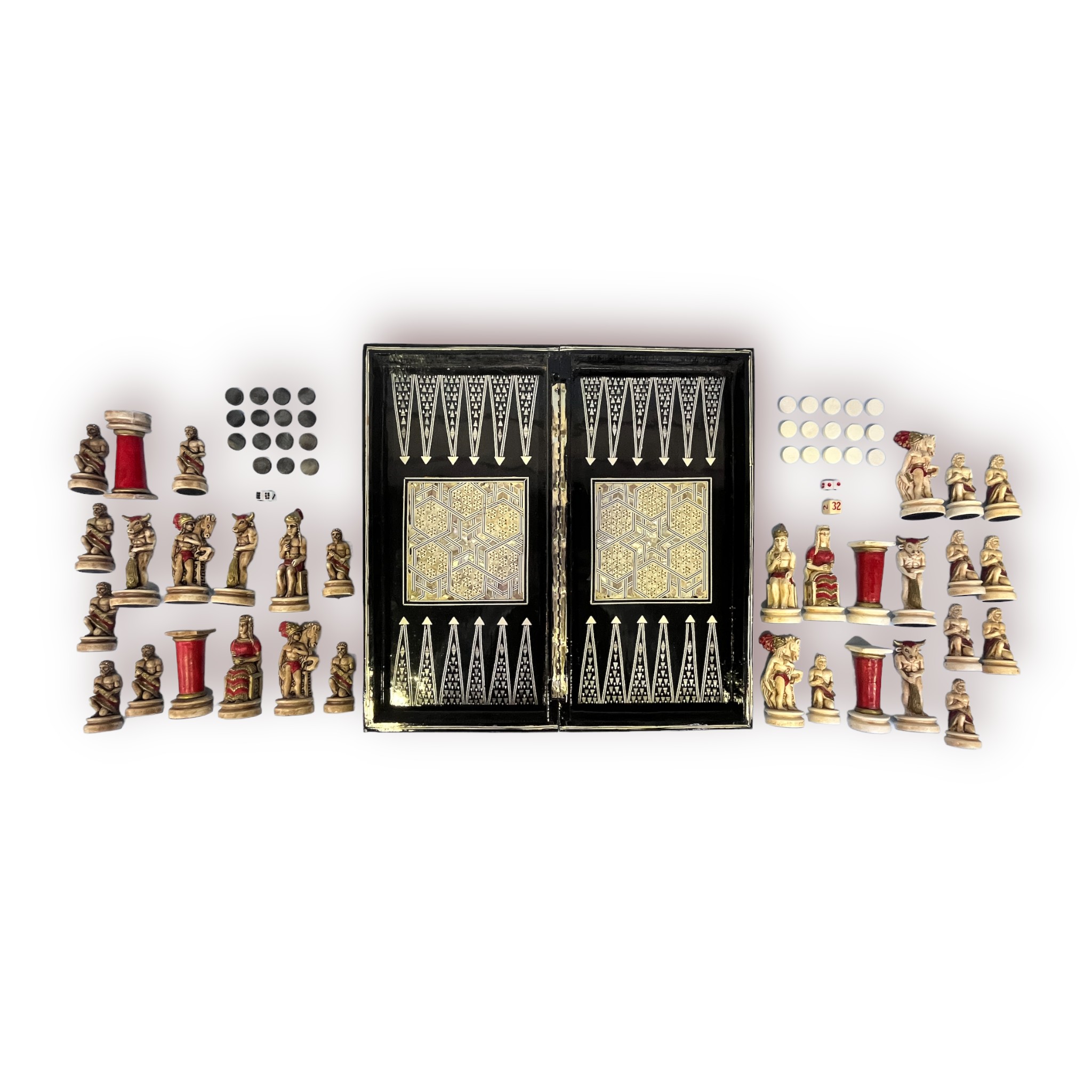 A resin chess set modelled as Grecian figures, mythical creatures and architecture, together with