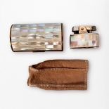 A 1950s Ronson lighter set, with tiled mother of pearl decoration and matching cigarette case, boxed