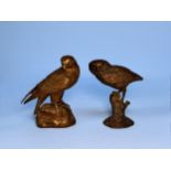 Two small bronze sculptures modelled as an owl and a hawk, 10cm tall