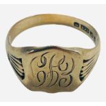 A 9ct yellow gold gents signet ring, with engraved initials, weighs 3.5 grams, together with various