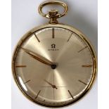 A 9ct gold cased open-face Omega pocket watch, the silvered dial with applied gold batons and