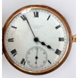 A 9ct gold half-hunter pocket watch, the white enamel dial with Roman numerals denoting hours and