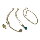 Three various 9ct gold pendant and neck chains, consisting a pair-shaped green stone and small