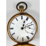 A 14ct gold cased half-hunter pocket watch, the white enamel dial with Roman numerals denoting hours