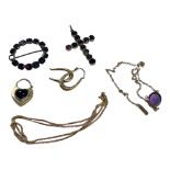 Various items of gem-set jewellery, consisting of a red stone cross (af), an amethyst heart padlock,