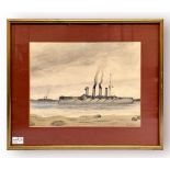 Artist 'AK,' A study of the Imperial Russian Navy Cruiser 'Gomoboi' at anchor and the Battleship '