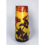 A Galle 'style' cameo glass vase, of tapering cylindrical form, decorated with flowering vines,