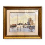 Four various harbour-side watercolour studies with boats, including one by Mark Flemons and