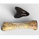 A scrimshaw cow leg bone money box with applied brass ends, one end engraved ‘Tempus Fugit’ and