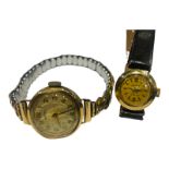 Two lady’s 9ct gold cocktail watches, one on leather strap, the other on expanding bracelet.