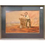 19th Century School. Sailor holding a telepscope and leaning on a large wooden sail winch, with