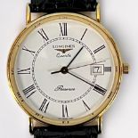 A gents 9ct gold Longines Presence quartz wristwatch, the circular white dial with Roman numerals
