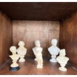 Five white ceramic busts raised on pedestals, comprising three composers; ‘Schubert’, ‘Chopin’