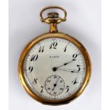 A 14ct gold cased open-face pocket watch by Elgin, the white enamel dial with Arabic numerals