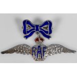 A silver and blue enamel ribbon to RAF wing drop sweetheart brooch, marked ‘silver’