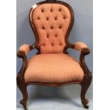 Three various pink upholstered Edwardian chairs, comprising a deep-button back nursing chair, an