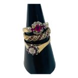 Three 9ct gold dress rings, set with rubies and diamonds, total weight 6.5 grams.