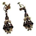 A pair of 19th century gold, (possibly 15ct) Late Georgian drop earrings, set with rose-cut garnets,