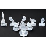 A set of eight Lalique Glass Bird Menu/Place Card Holders, all with etched 'Lalique, France'