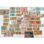 A small collection of assorted 'war money' circulated world banknotes, including German, Spanish,