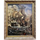 A 'Battle of Trafalgar scene, with ships firing broadside, figures and wreckage in the water, signed