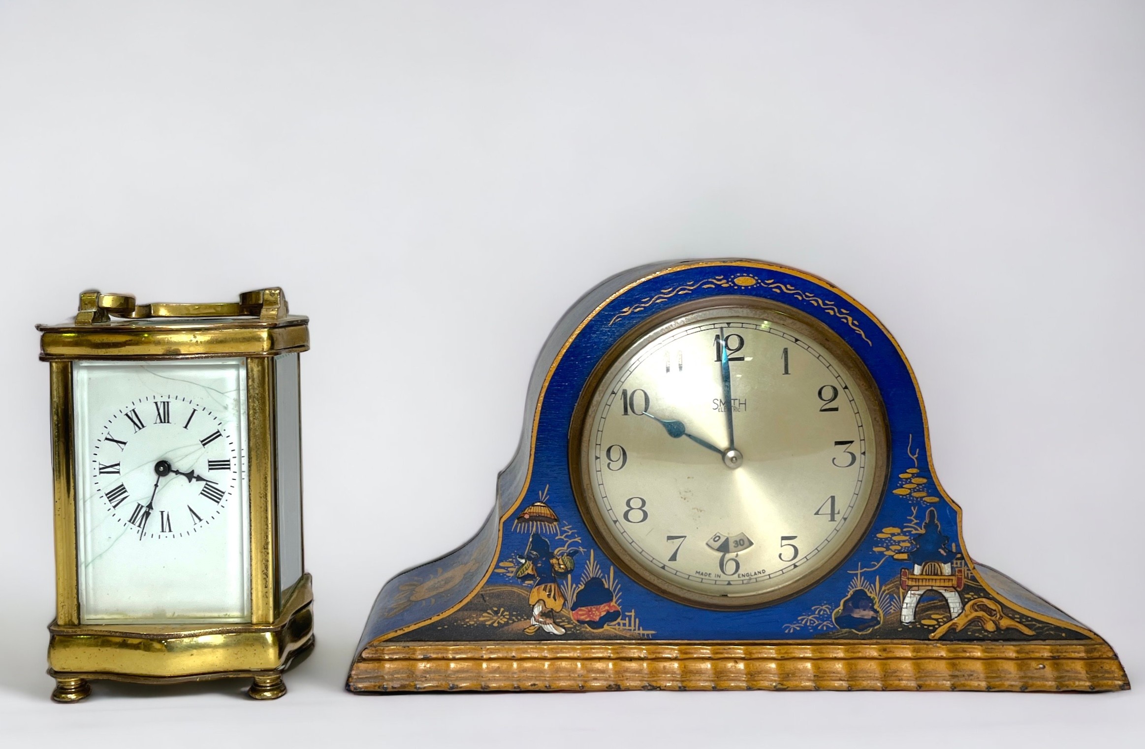 A 1930s Smith's Electric mantel clock in blue-ground chinoiserie dome case, the dial with Arabic