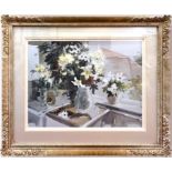 John Yardley Hon Rtd RI (b. 1933), 'Lilies & Chrysanthemums,' still life of flowers by a window,